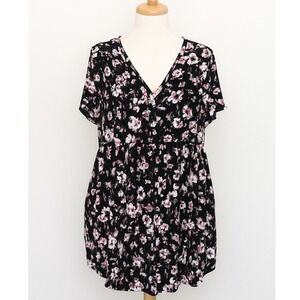 Womens Top‎ Size 2X Black Floral Short Sleeve Tunic Stretch Casual Cottage Boho